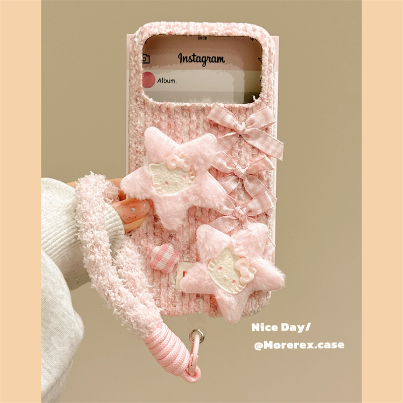 MoreRex 立体粉色毛绒蝴蝶结kitty适用苹果17手机壳iphone16promax新款15pro带挂绳14防摔保护套13秋冬17女款