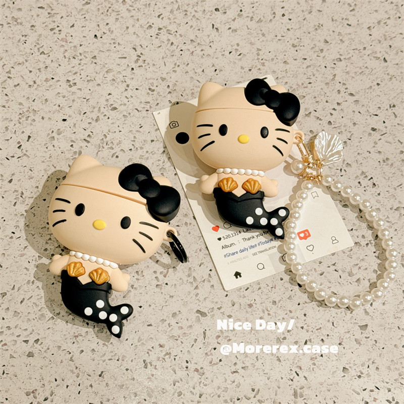 MoreRex 立体美人鱼KT猫珍珠挂绳适用苹果AirPods4保护壳airpods1/2/3蓝牙无线耳机套airpodspro二三四代新款