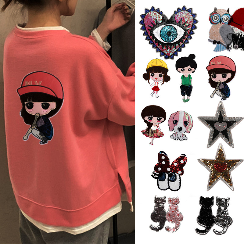 卡通小女孩图案刺绣布贴闪光变色珠片衣服补丁贴卫衣装饰贴破洞贴