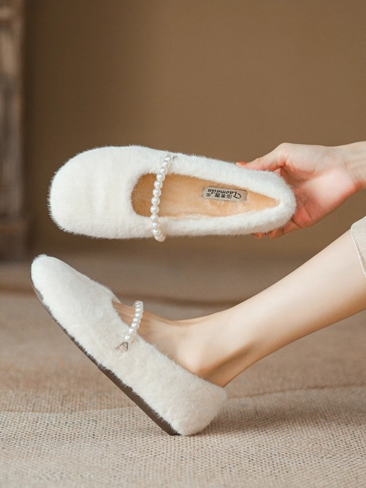 米白色平底软底百搭毛毛鞋女款冬季新款高级感外穿加绒保暖豆豆鞋