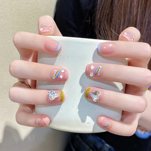 小清新手绘美甲短款彩色法式假指甲网红爆款纯手工穿戴甲成品2023
