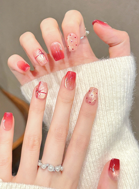 渐变法式猫眼纯手工穿戴甲中长短款指甲贴片2026新年红色波点美甲