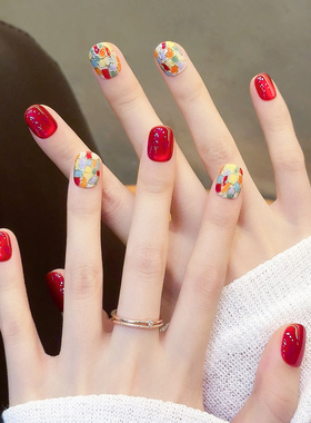 手绘多彩格纹手工穿戴甲秋冬成品短款新年红色猫眼美甲贴片假指甲