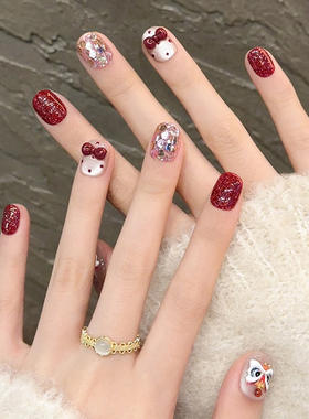 新年醒狮红色穿戴甲纯手工短款猫眼蝴蝶结美甲秋冬高级感指甲贴片