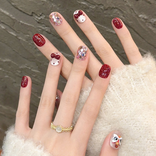新年醒狮红色穿戴甲纯手工短款猫眼蝴蝶结美甲秋冬高级感指甲贴片