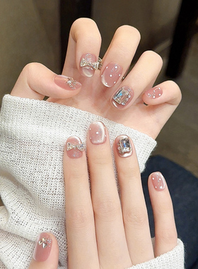 闪钻蝴蝶结纯手工美甲穿戴甲2026新款高级感裸色猫眼短款指甲贴片