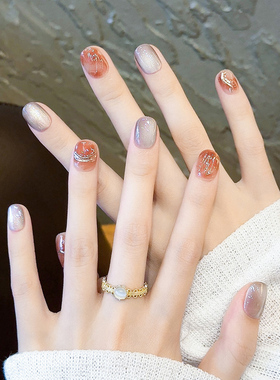 鎏金琥珀晕染手工穿戴甲2025新款秋冬高级感猫眼美甲短款指甲贴片