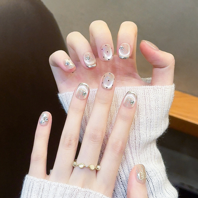 金边法式猫眼裸色穿戴甲手工短款