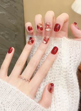 新年红色系樱桃手工穿戴甲2025高级感短款猫眼美甲贴片成品假指甲