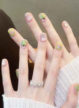 手绘可爱立体捏捏青苹果手工美甲穿戴甲短款裸色猫眼豆豆指甲贴片