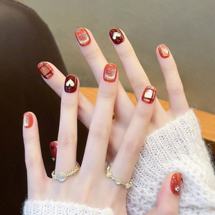 爱心猫眼咖色手工穿戴甲短款 指甲贴片 秋冬显白高级感美甲2025新款