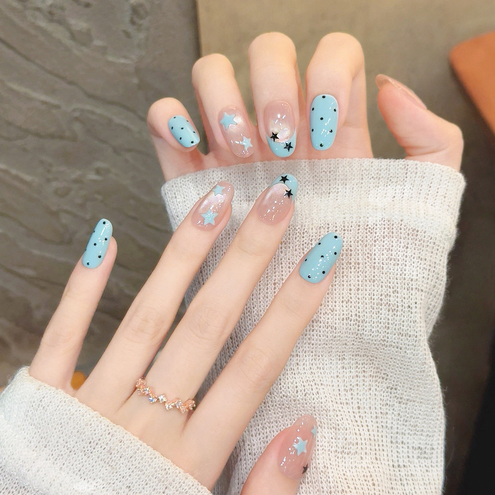蓝色波点星星手工穿戴甲猫眼美甲