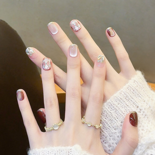 爆闪咖色猫眼美甲指甲贴片2025新款 菱格法式 纯手工穿戴甲秋冬短款