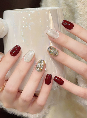 红色猫眼纯手工穿戴甲2024新年款秋冬高级感美甲成品短款指甲贴片