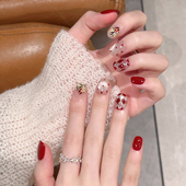 2026新年红色菱格手工穿戴甲短款 爆闪碎钻波点猫眼美甲高级感指甲