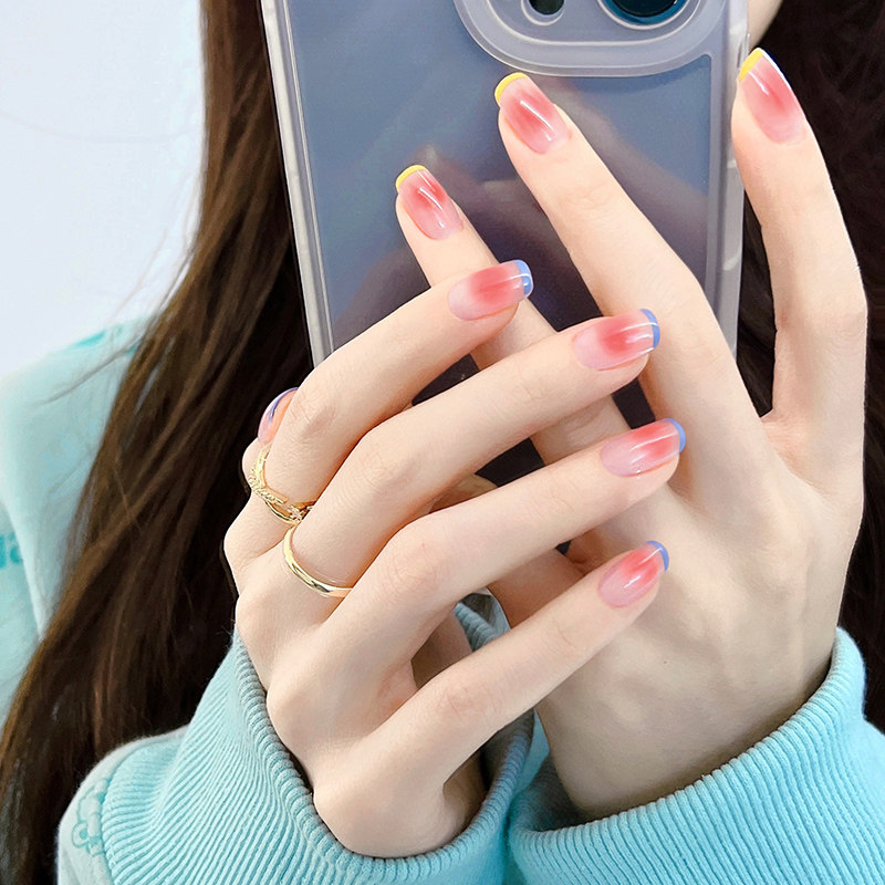 鸳鸯法式美甲贴片显白清新腮红穿戴美甲短款春夏新款指甲贴片成品