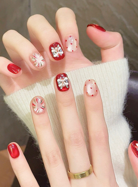 马年醒狮红色穿戴甲手工短款波点猫眼指甲贴片2026新年高级感美甲