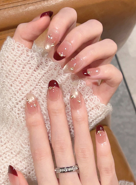 过年喜庆红色法式猫眼美甲手工穿戴甲2026年新款中长短款指甲贴片