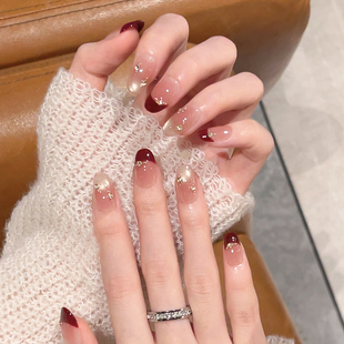 过年喜庆红色法式猫眼美甲手工穿戴甲2026年新款中长短款指甲贴片