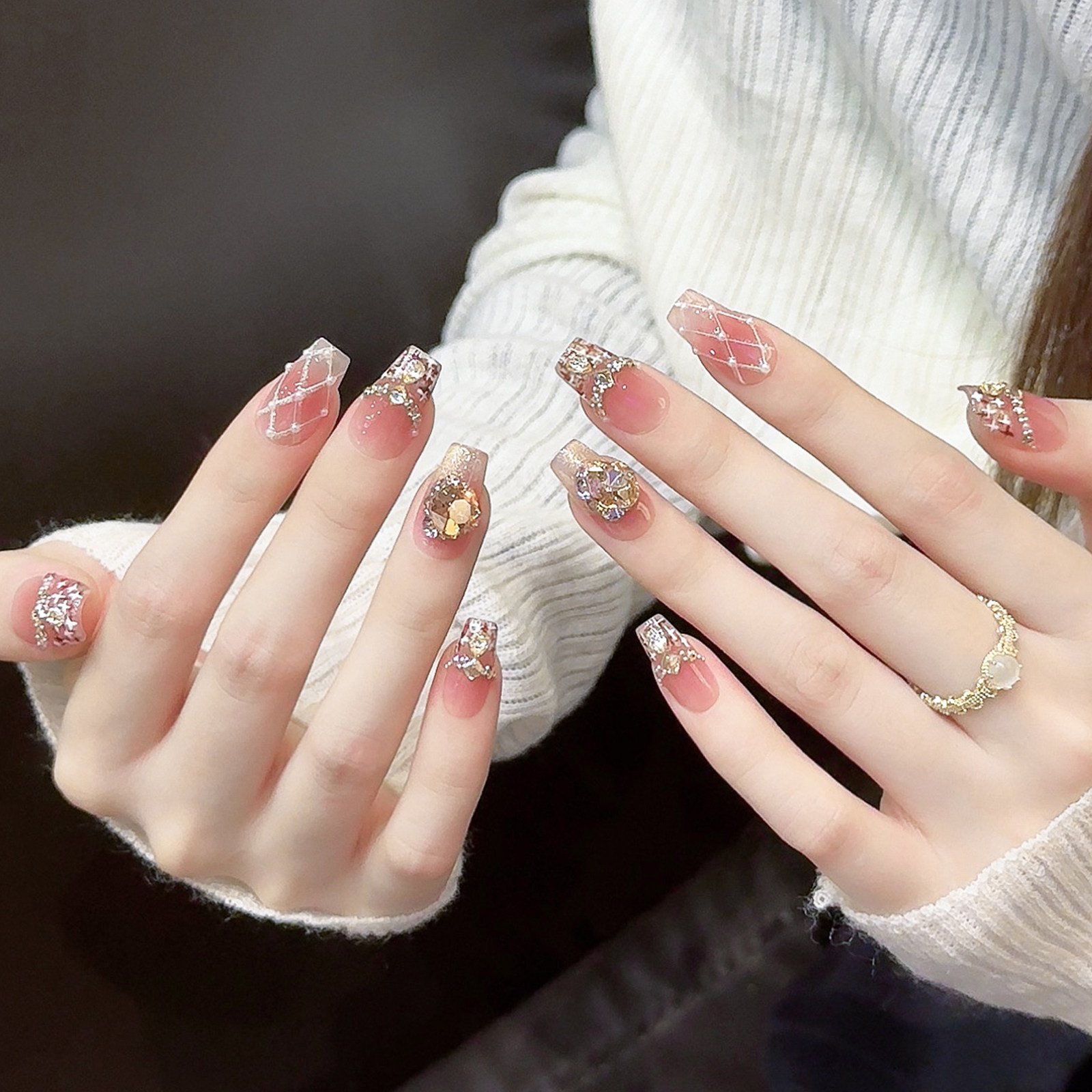 闪钻猫眼小香风法式手工美甲穿戴甲2026新款高级感中长梯指甲贴片,彩妆/香水/美妆工具,穿戴甲/甲片,淘宝优惠券,粉丝福利购,淘宝优惠卷