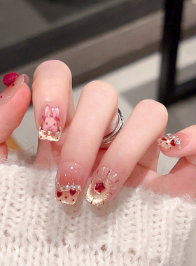 甜美蝴蝶结兔子手工穿戴甲2026新年红色波点法式猫眼美甲短款甲片