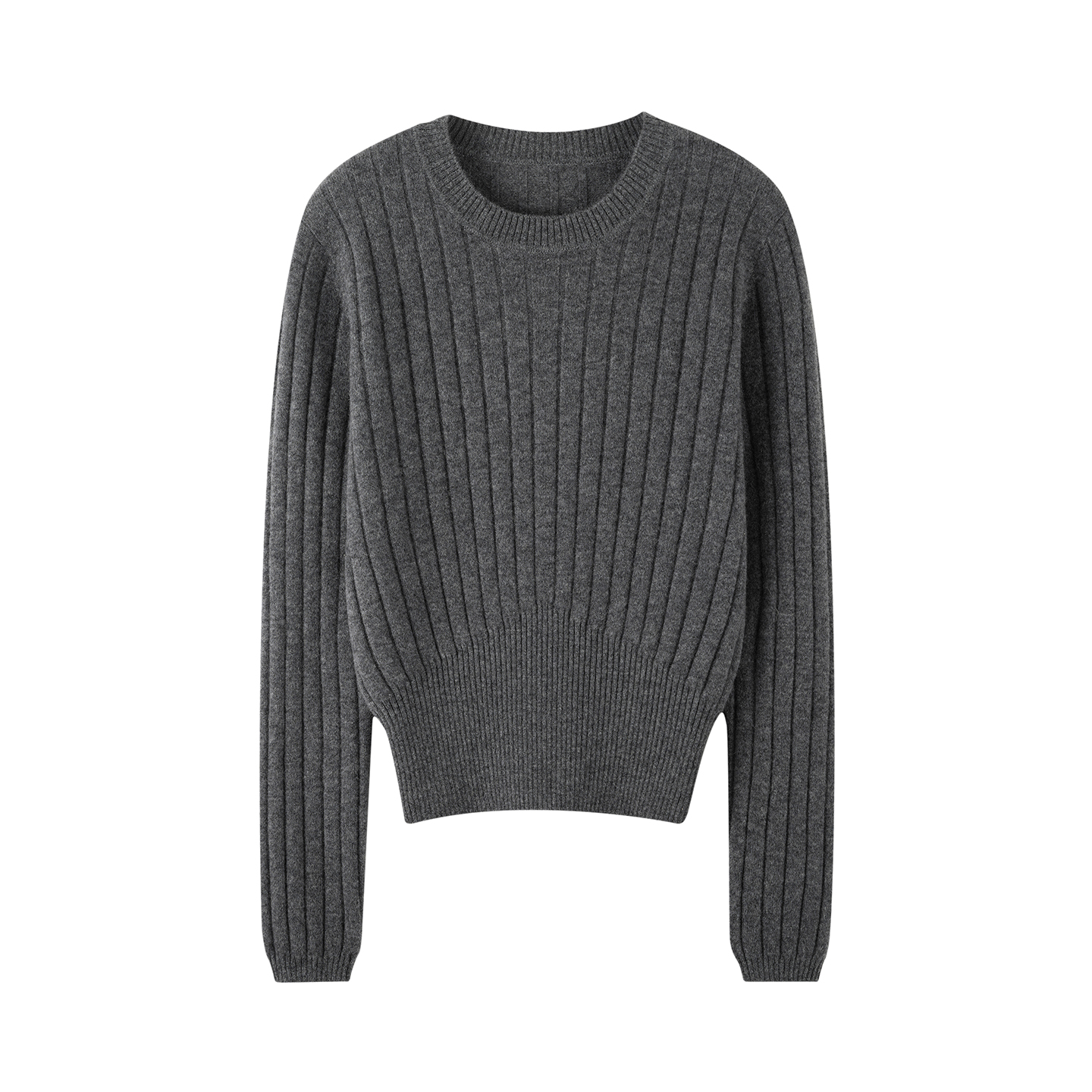 圣岩  高腰修身毛衣100%纯山羊绒衫女圆领套头抽条灰色针织打底衫