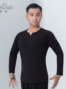 新朵拉丁舞服上衣男士秋季新款V领长袖恰恰伦巴国标舞跳舞练功服