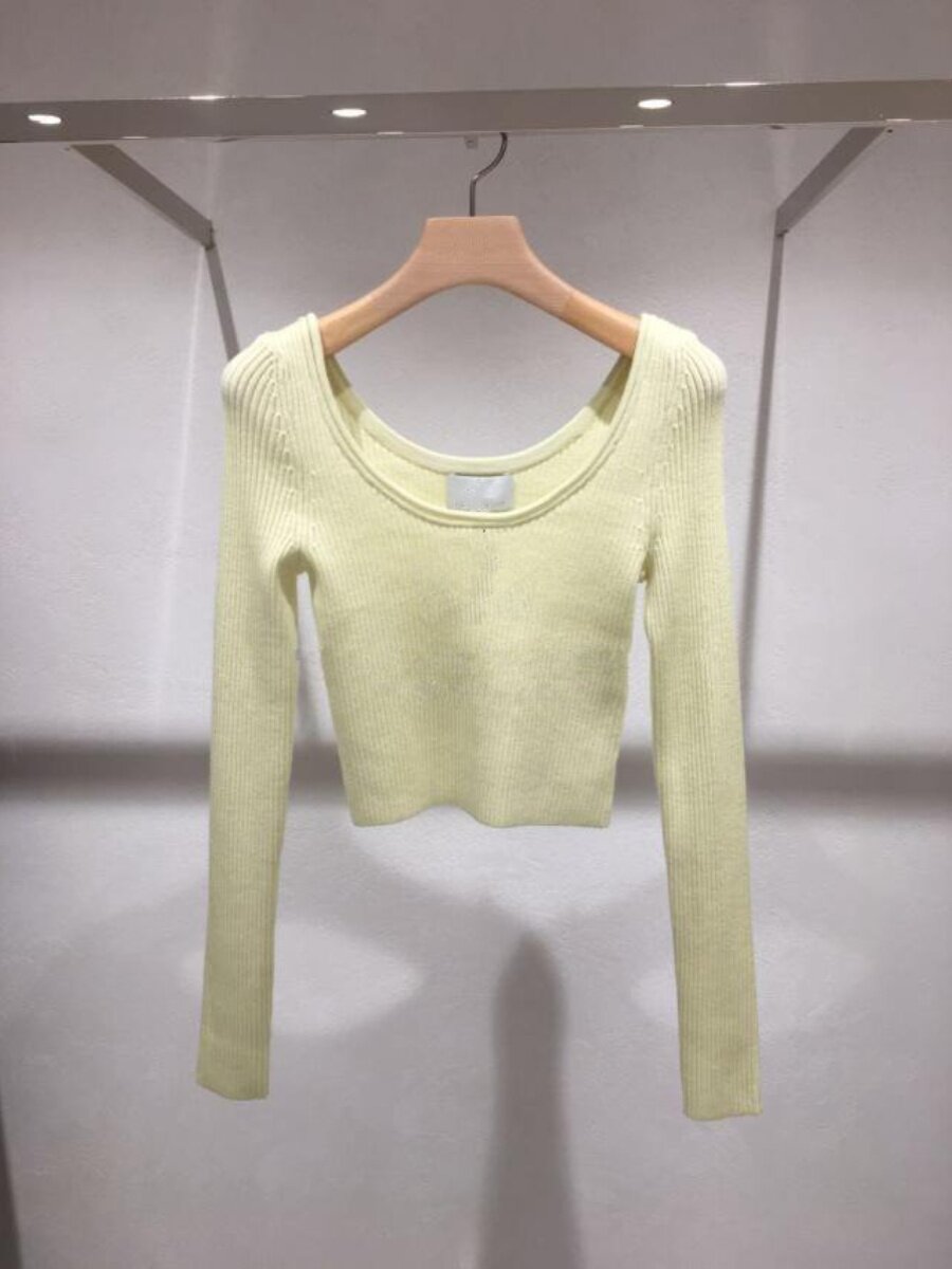 EUROPEAN STATION WOOL KNITWEAR WOMENS EARLY SPRING NEW STRAIGHT NECK OFF-THE-SHOULDER SLIM PULLOVER SHORT LONG-SLEEVED BASE TOP