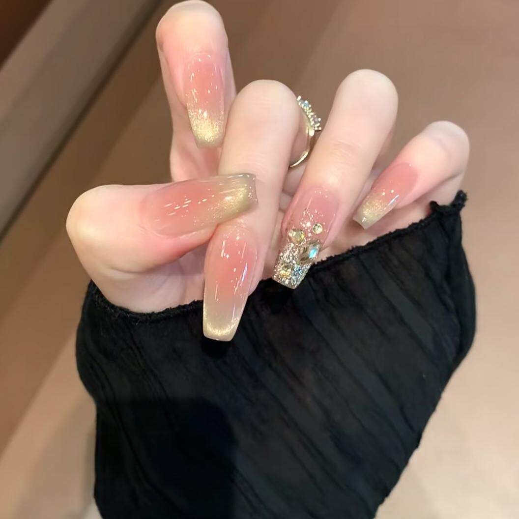 纯手工穿戴甲腮红法式猫眼美甲爆闪钻石可拆卸高级感假指甲贴片