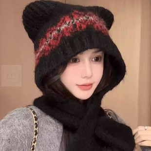 巴拉克拉法帽子女秋冬加厚保暖护耳围巾帽子一体帽可爱小熊针织帽