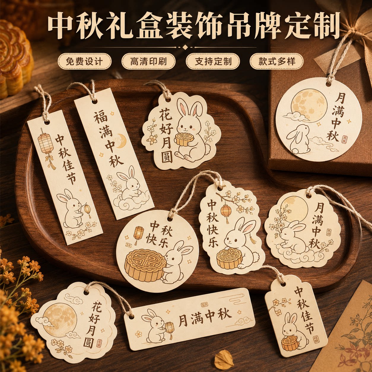 中秋吊牌定制月饼礼盒装饰小兔子挂卡定做烘焙糕点伴手礼吊卡卡片公司送客户礼物包装盒祝福挂牌印logo商标图片