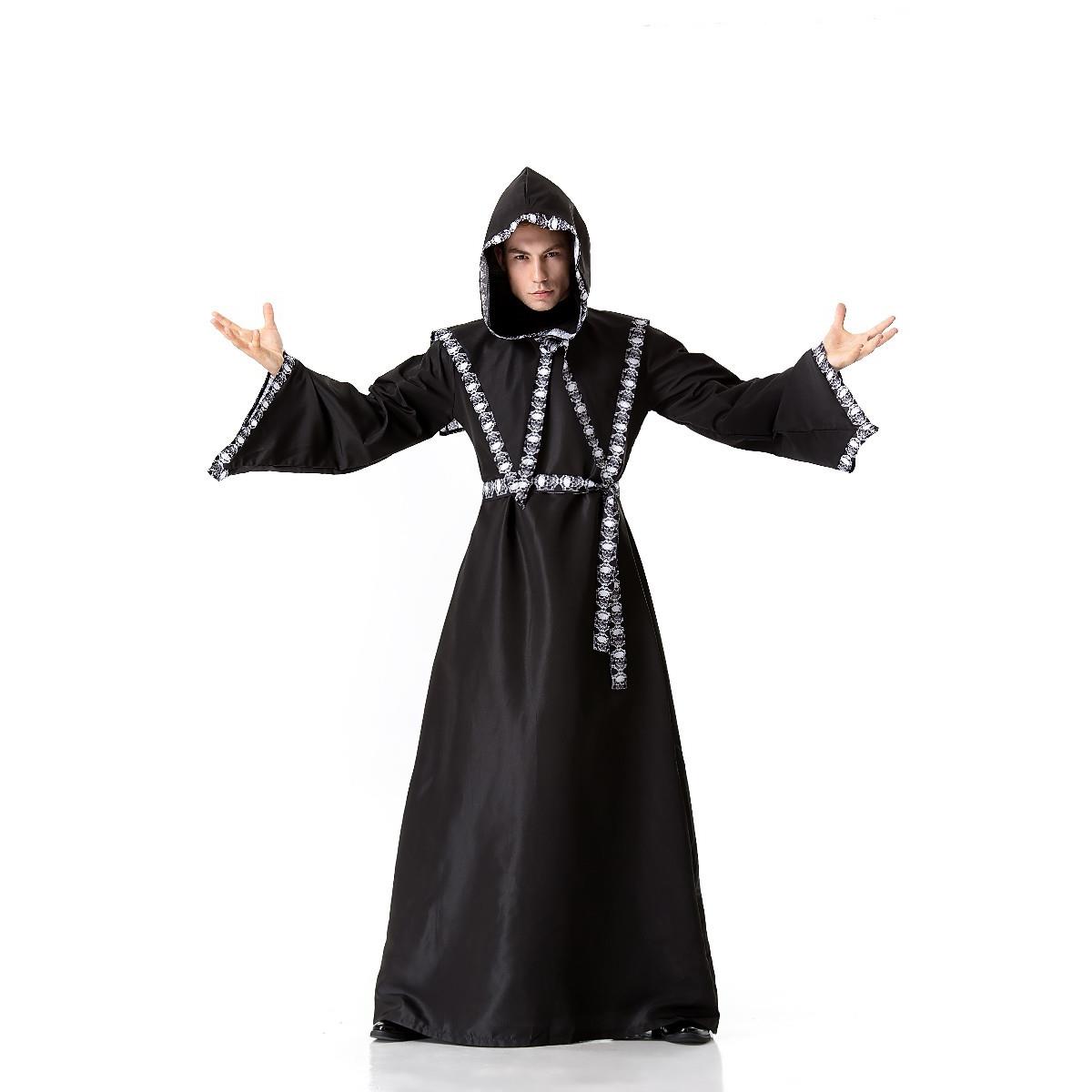 万圣节服装成人 男巫师死神cosplay扮演黑色骷髅长袍派对演出服