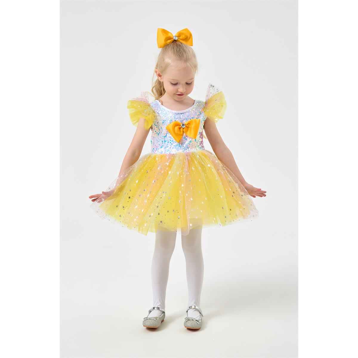 六一儿童演出服粉色蓬蓬纱裙亮片女孩公主黄色蓬蓬连衣裙晚礼服