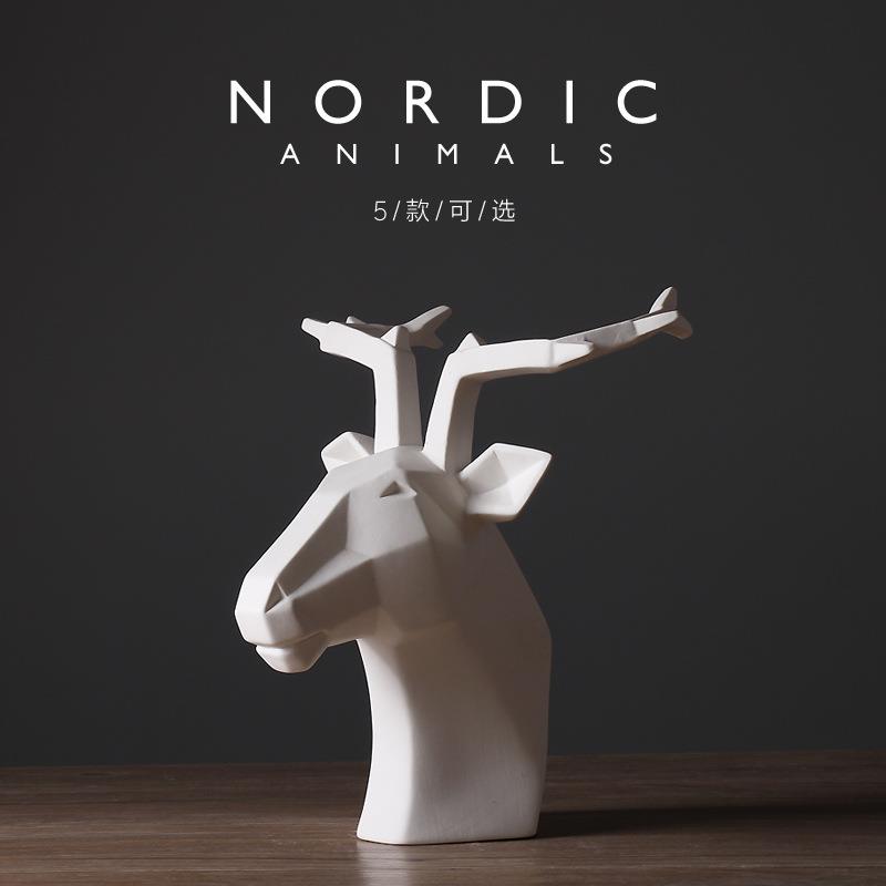 抽象北欧动物白色鹿头摆件现代简约酒店软装样板房室内装饰品