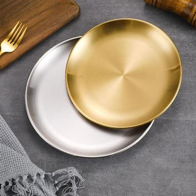 304不锈钢韩式烤肉盘家用金色盘圆形加厚单层西餐甜品自助餐盘碟