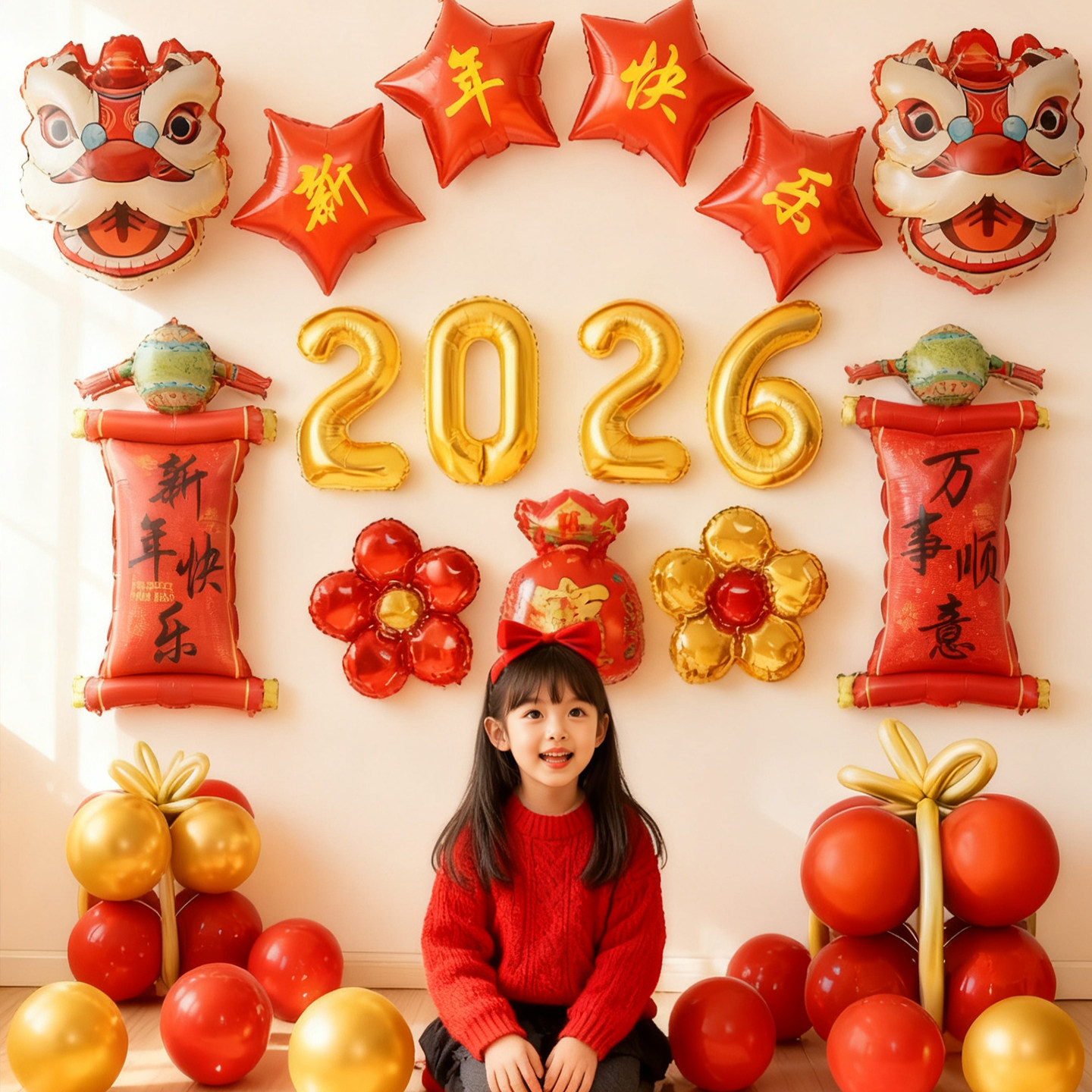 2026新年装饰铝膜气球公司店铺前台背景墙春节室内氛围布置道具