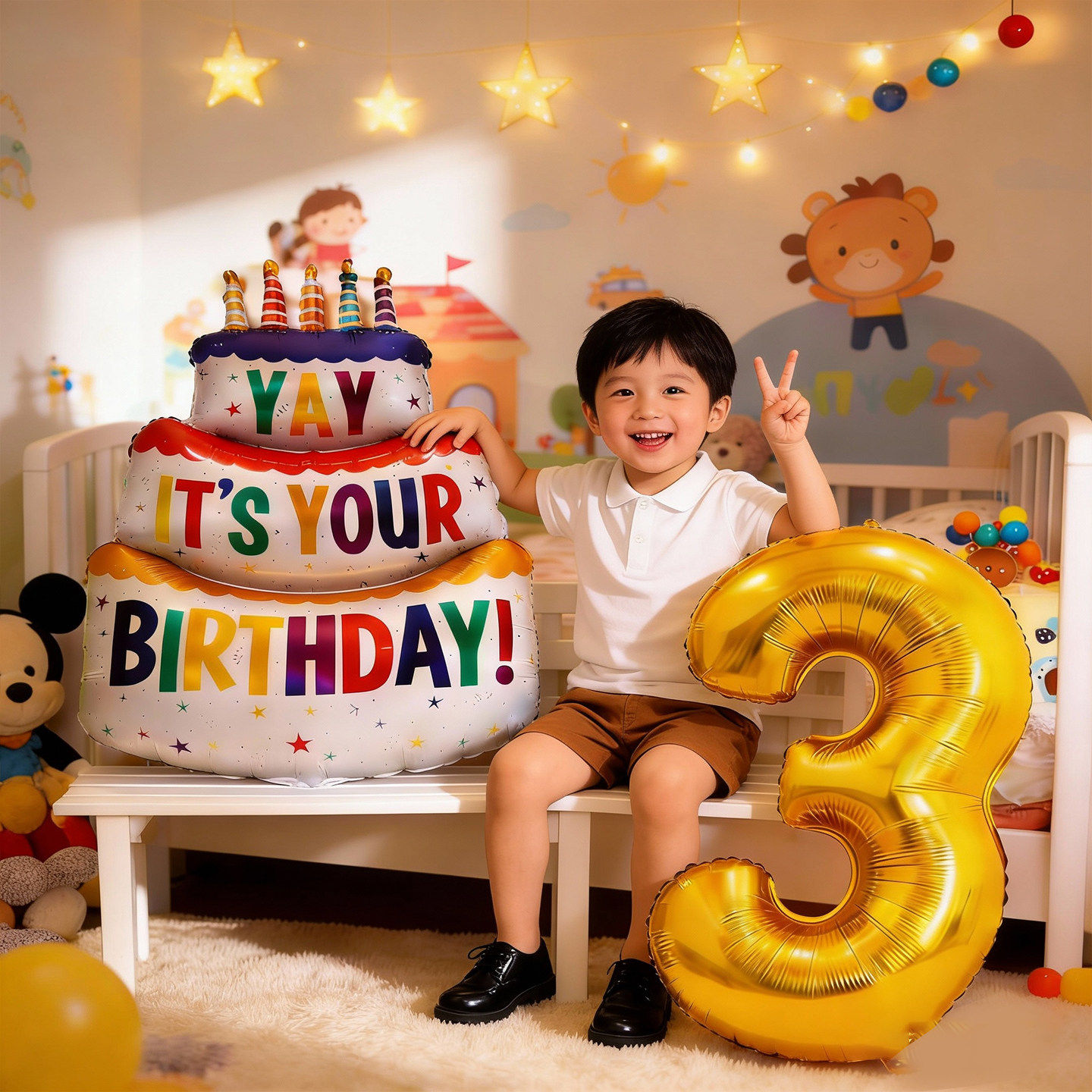 卡通生日蛋糕宝宝周岁女孩男孩派对布置儿童数字气球场景装饰拍照