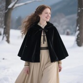 新中式 短款 披风连帽系带丝绒小披风动漫角色扮演服女巫黑色小披肩