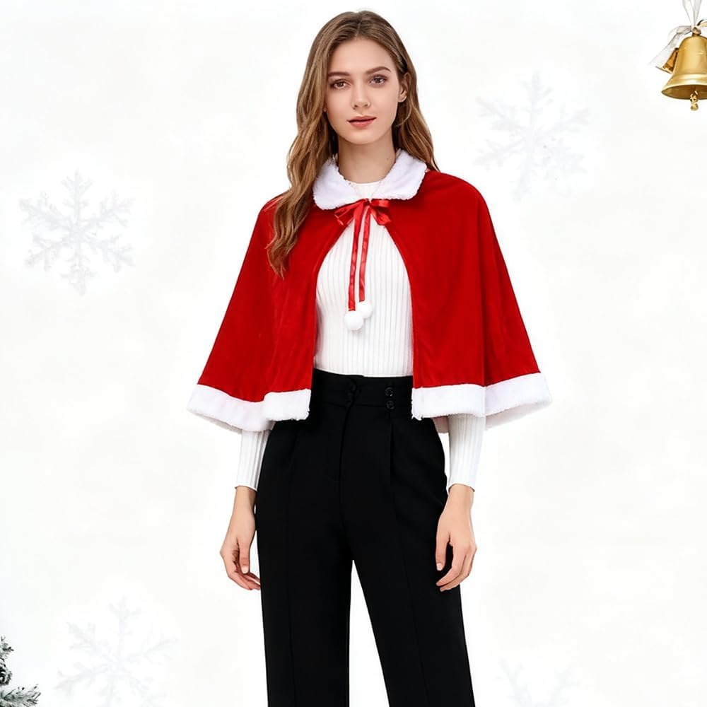 圣诞节短款连帽加毛边圣诞节披肩舞台动漫服圣诞老人披风表演斗篷
