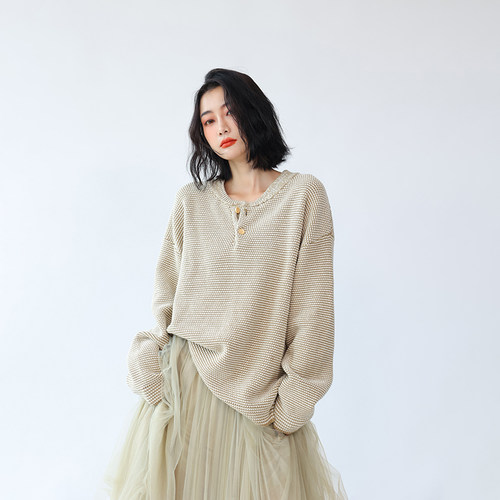 条纹棒球领圆领全纯棉宽松大码毛衣线衣针织衫女套头长袖