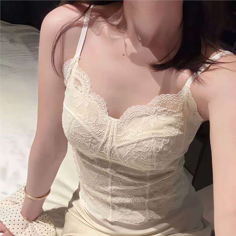 草莓酱法式纯欲风带胸垫蕾丝吊带短款背心女内搭外穿修身鱼骨