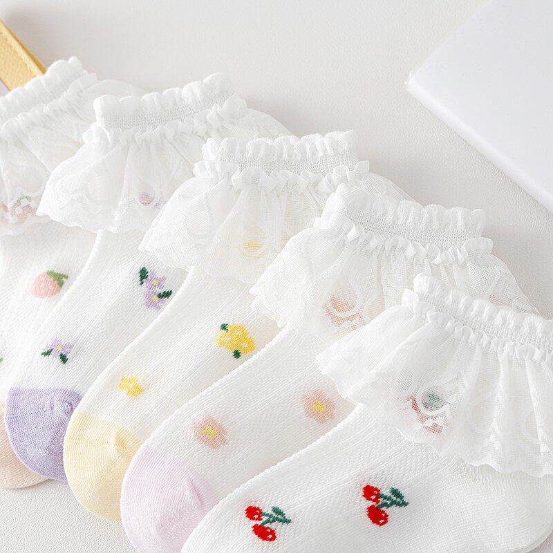 无骨女童薄款袜子春夏棉袜草莓儿童花边袜小童宝宝女孩小孩公主袜