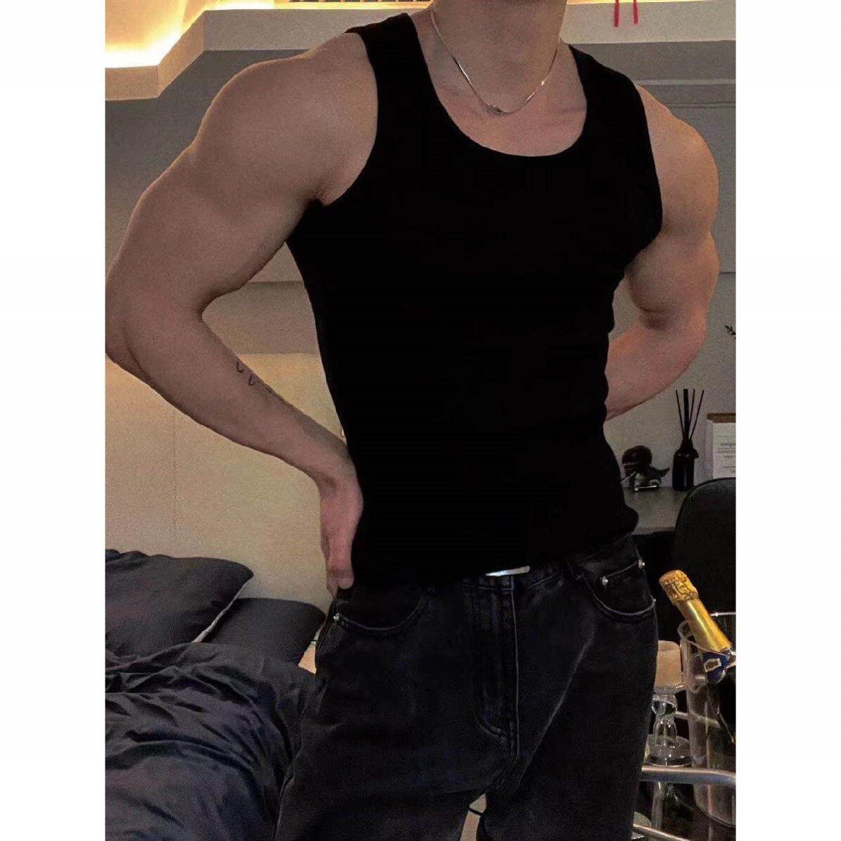 男士夏季背心螺纹健身弹力运动修身透气吸汗显肌肉冰丝黑色坎肩衫