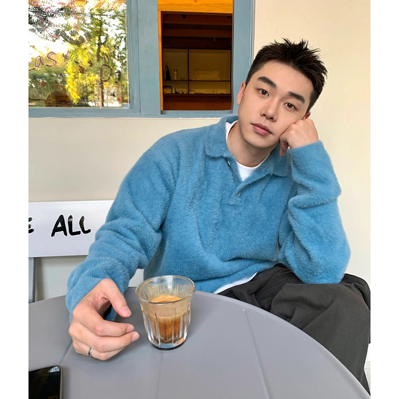 Cleanfit Sweater Men's Aqua Blue Imitation Mink Lapel Knitwear American retro lazy style Fancy Outwear