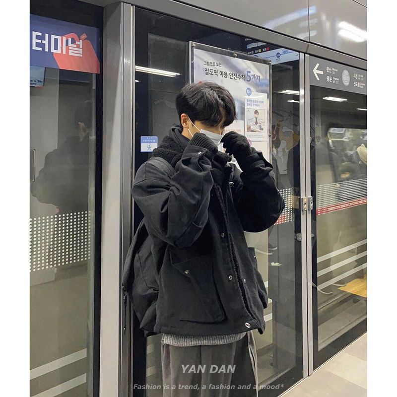 아메리칸 레트로 블랙 양털 코트 트렌디 브랜드 유럽과 미국의 스트리트 코튼 코트 남성 겨울 클린핏 코튼 코트