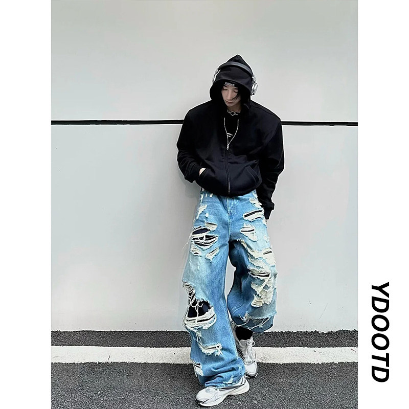 블루 멀티 홀 거지 와이드 레그 팬츠 남성 트렌디 빈티지 아메리칸 레트로 워싱 루즈 스트레이트 청바지