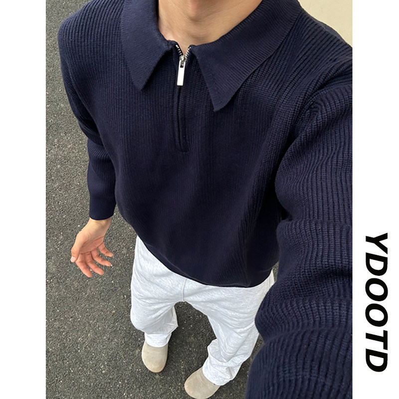 아메리칸 레트로 하프지퍼 폴로 칼라 스웨터 남성 클린핏 네이비 블루 스웨터 재킷 트렌디 브랜드 하이엔드 센스