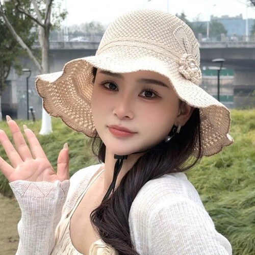女款海边旅游针织遮阳花朵太阳帽