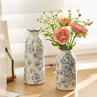 青花瓷花瓶陶瓷小口细长款水养插花摆件客厅中国风软装饰品新中式