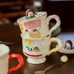 可爱童趣马克杯女生水杯家用带盖勺办公室陶瓷杯子早餐杯2024新款